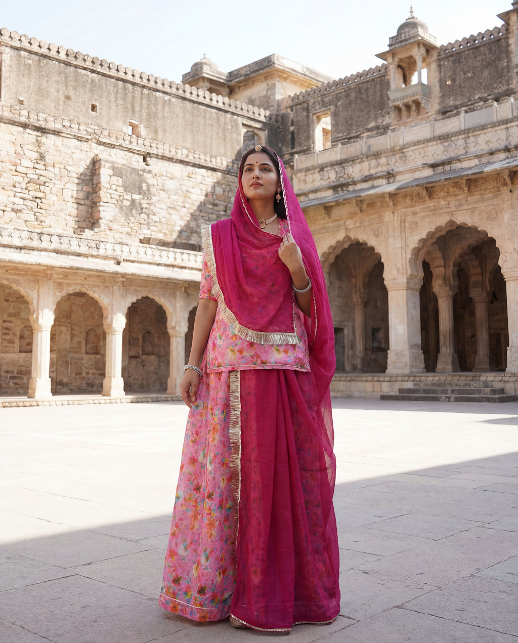 'Gulaabo' - Blush Pink Floral Print Suit Set + Rani Pink Odhani