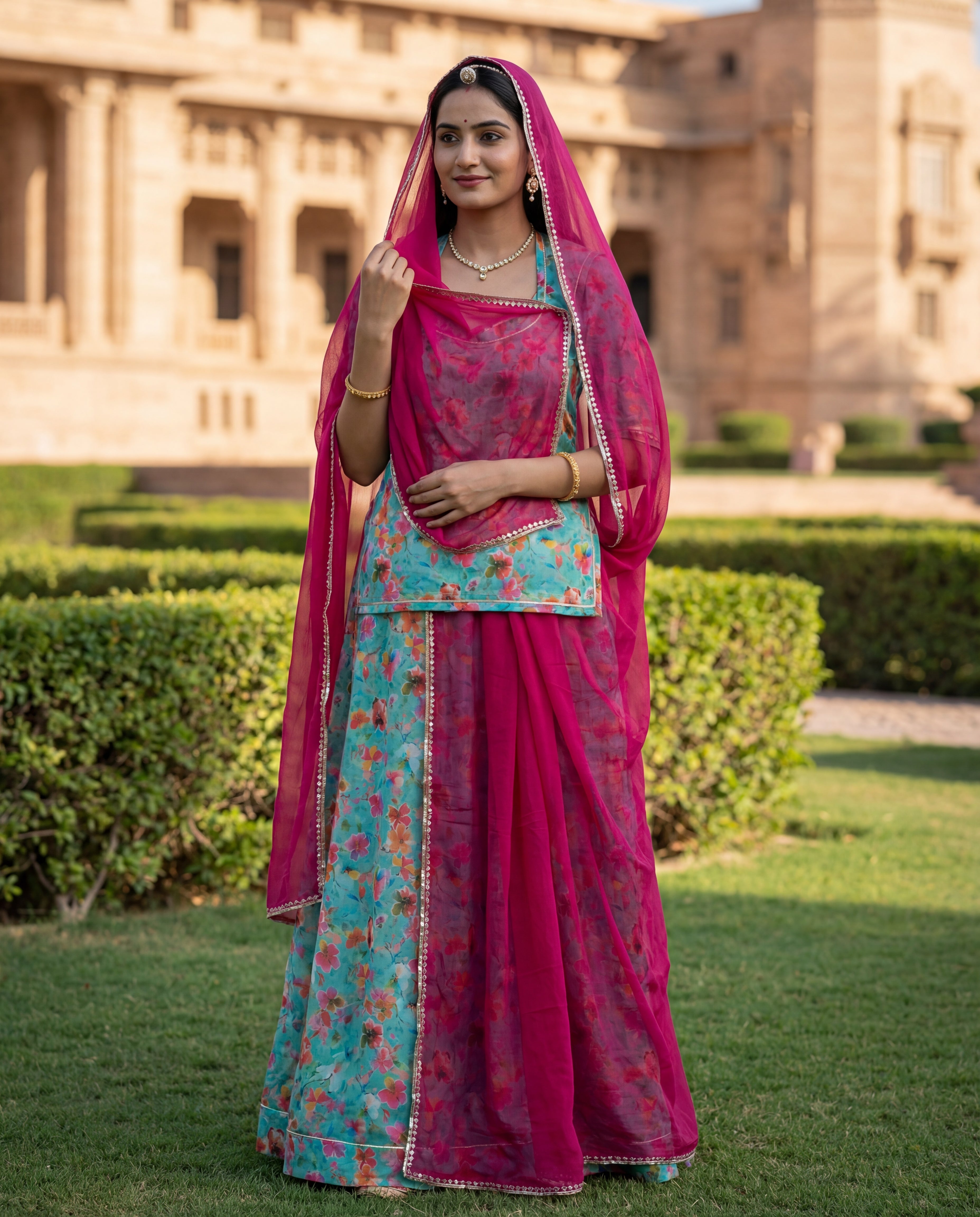 Aqua Blue Floral Rajputi Poshak Fabric with Rani Pink Odhani | Soft Traditional Wear (4 Meter / 5 Meter)