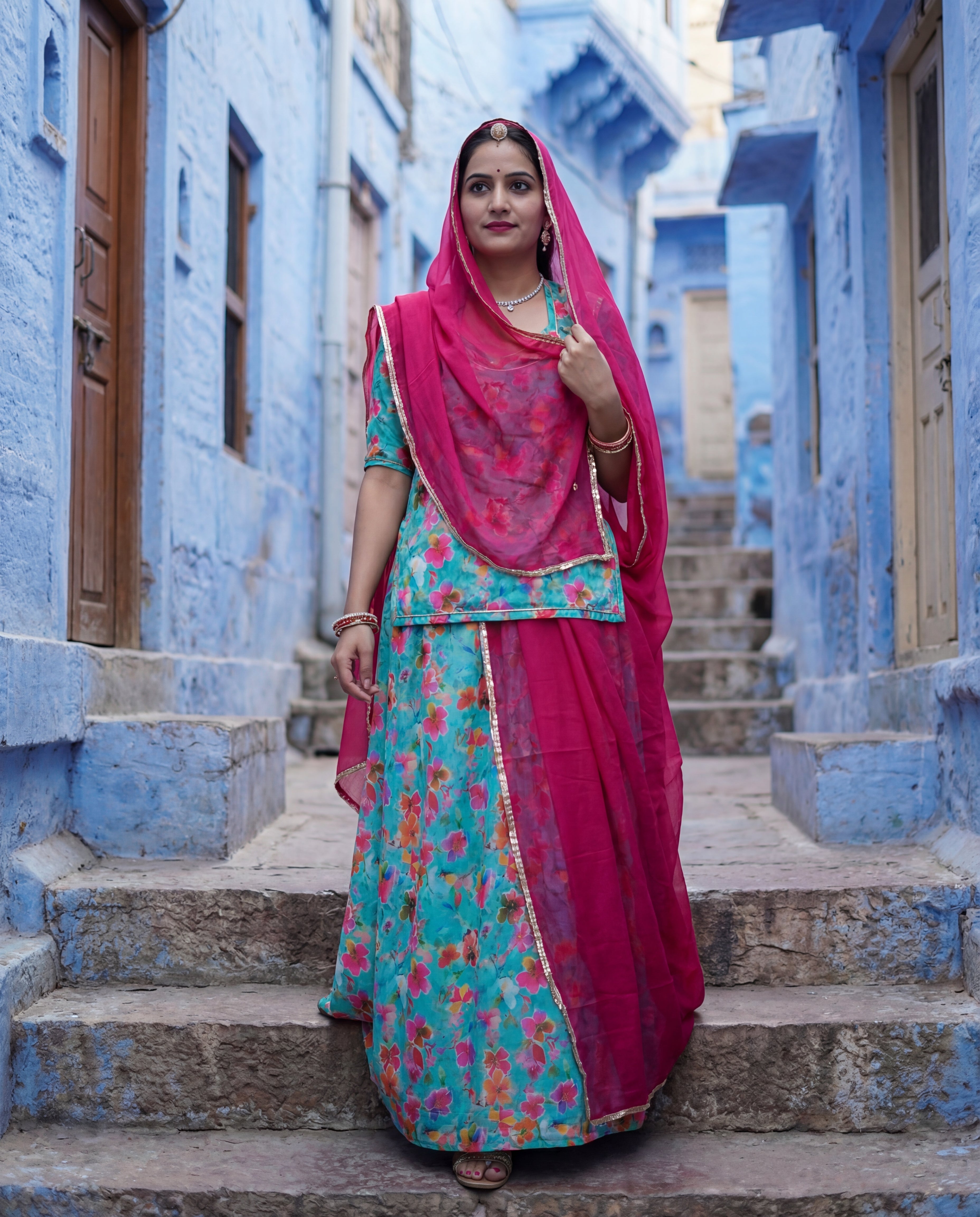 Aqua Blue Floral Rajputi Poshak Fabric with Rani Pink Odhani | Soft Traditional Wear (4 Meter / 5 Meter)