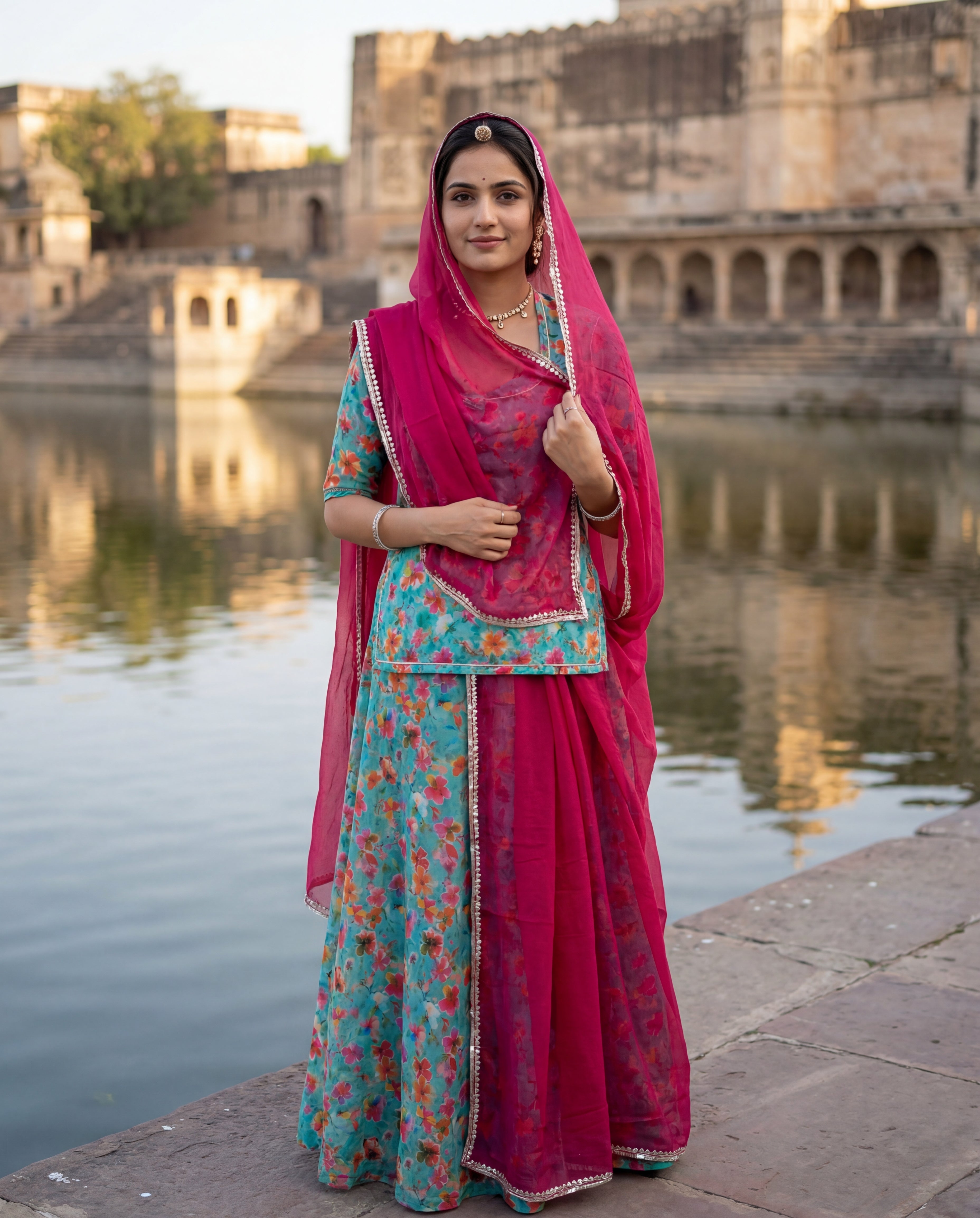 Aqua Blue Floral Rajputi Poshak Fabric with Rani Pink Odhani | Soft Traditional Wear (4 Meter / 5 Meter)