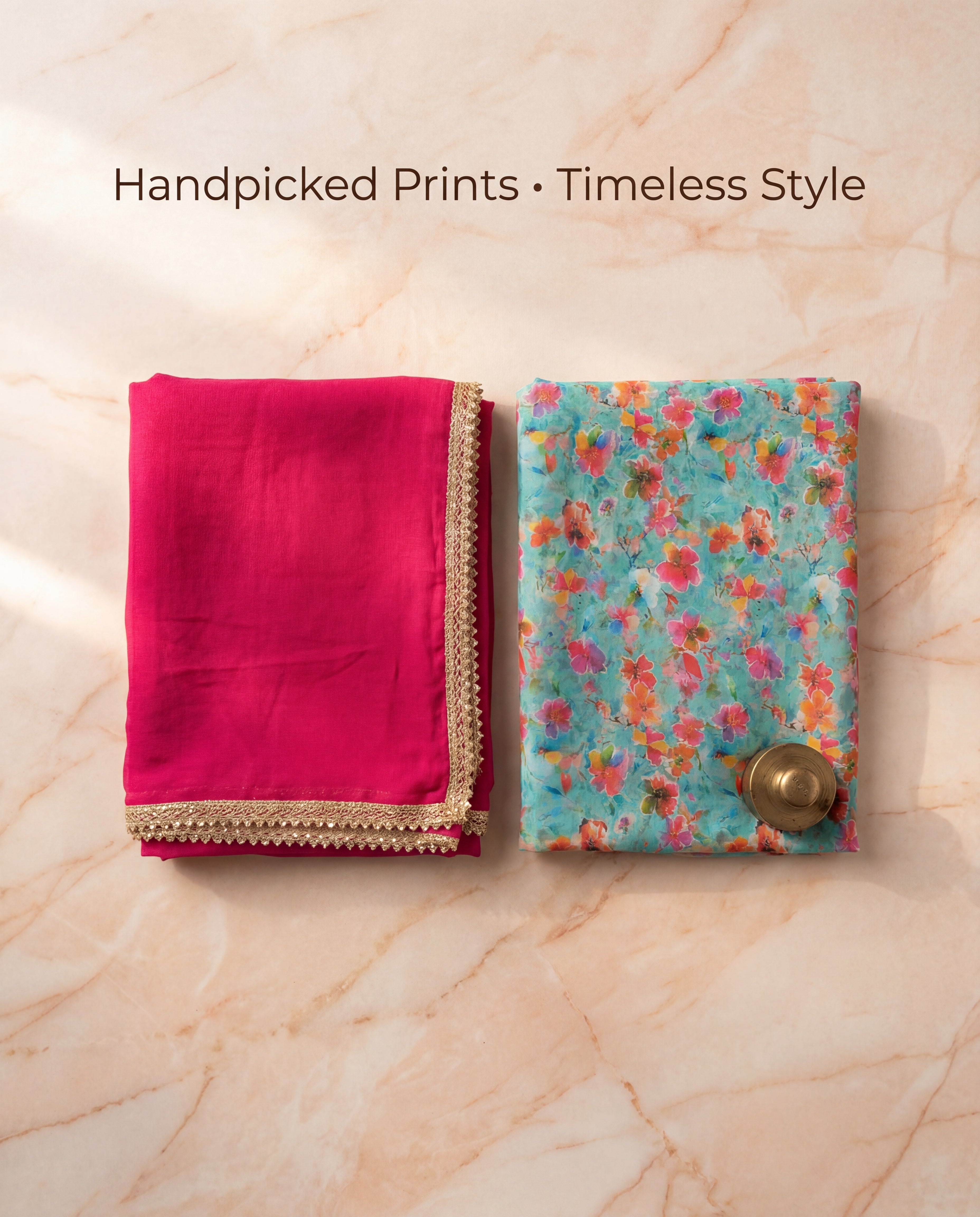 Aqua Blue Floral Rajputi Poshak Fabric with Rani Pink Odhani | Soft Traditional Wear (4 Meter / 5 Meter)