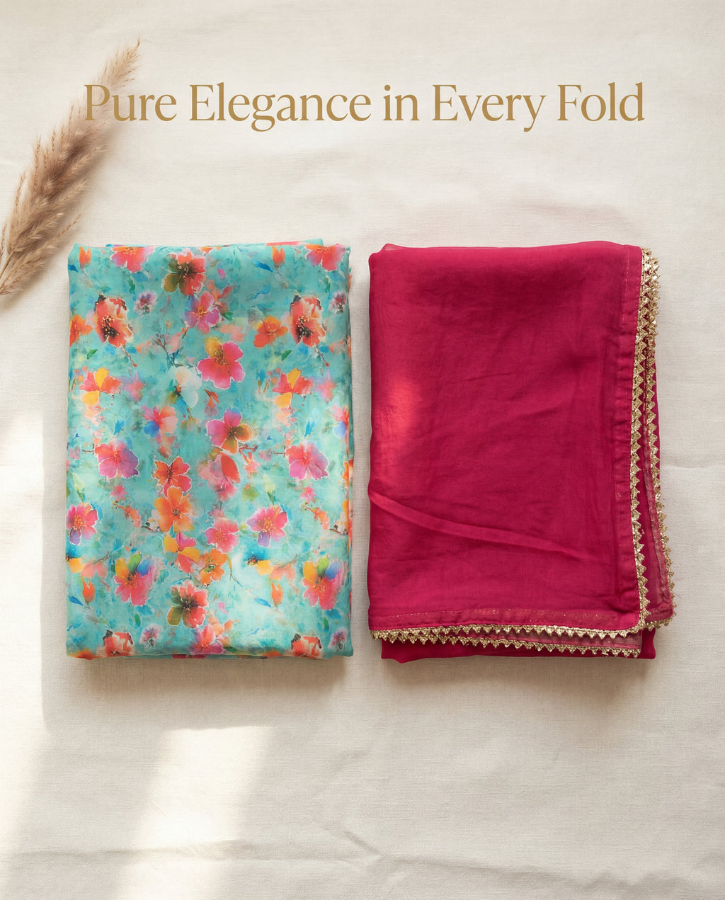 Aqua Blue Floral Rajputi Poshak Fabric with Rani Pink Odhani | Soft Traditional Wear (4 Meter / 5 Meter)