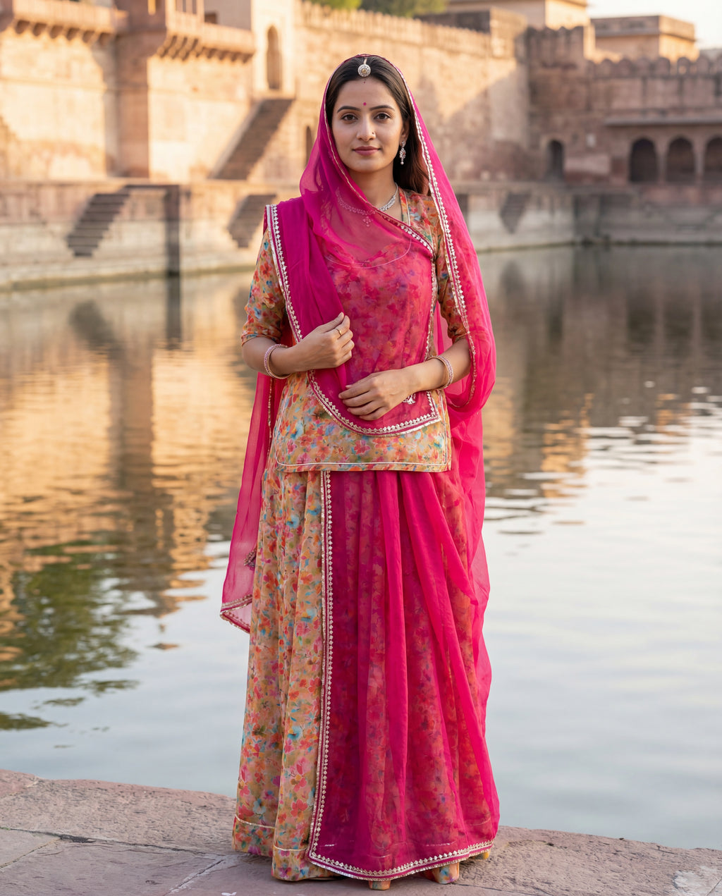 'Dhani-Noor' - Light Mehndi Floral Print Suit Set + Rani Pink Odhani