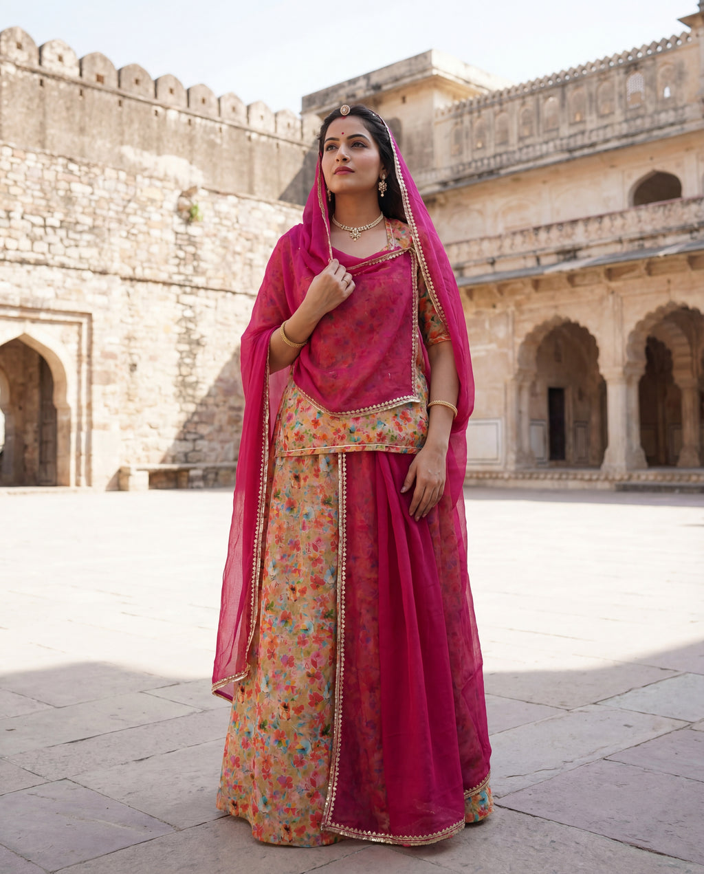 'Dhani-Noor' - Light Mehndi Floral Print Suit Set + Rani Pink Odhani