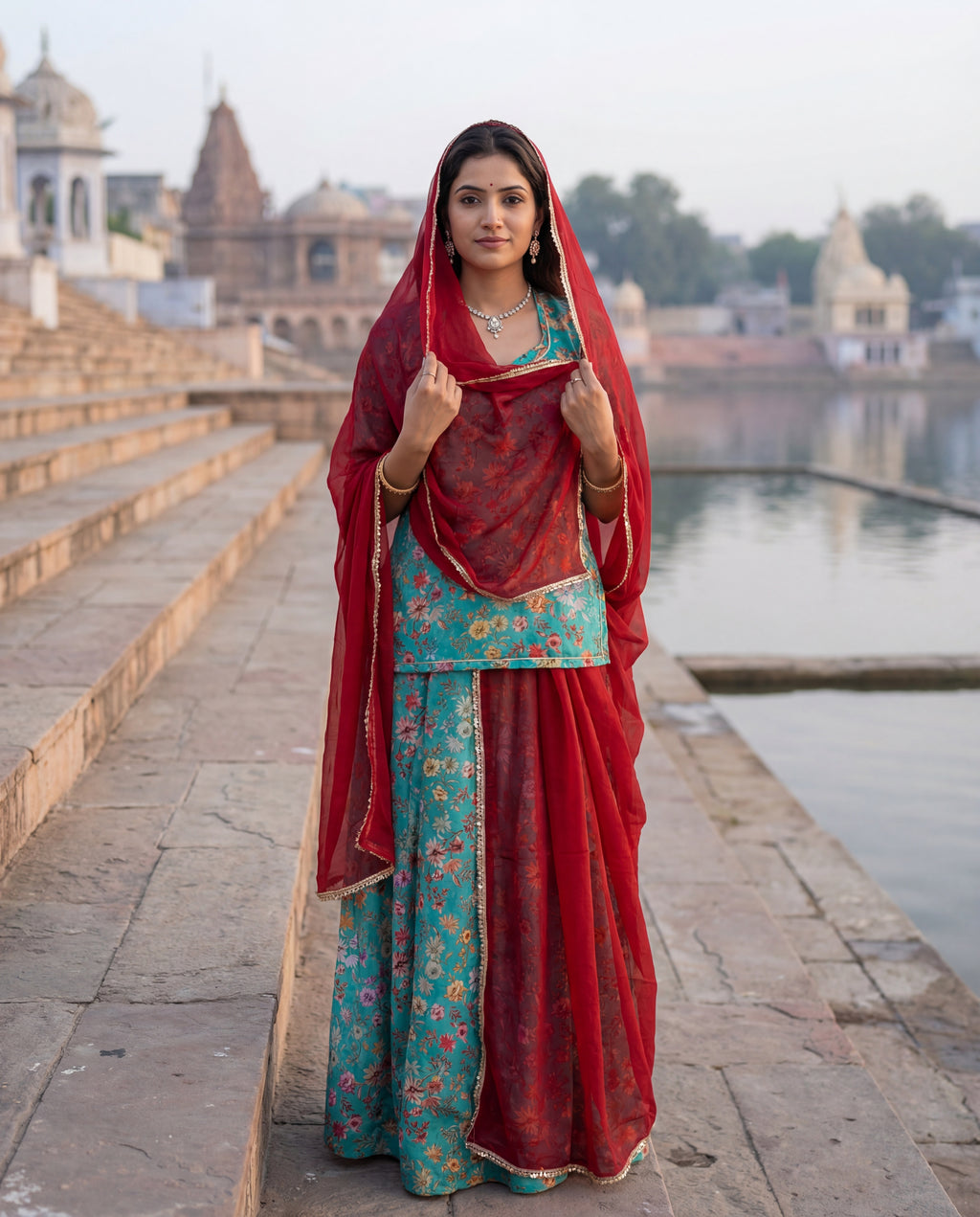 'Firoza' - Sea Green Floral Print Suit Set + Red Odhani