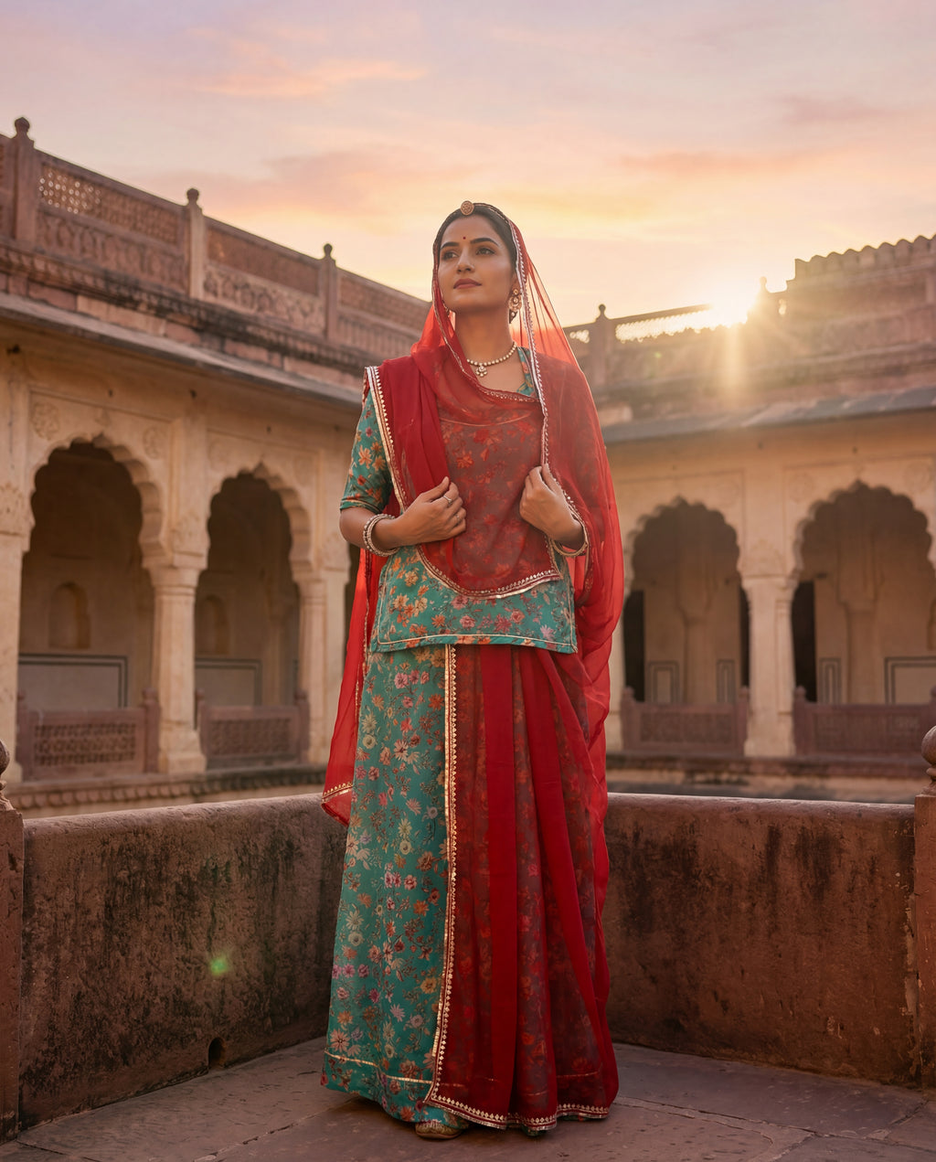 'Firoza' - Sea Green Floral Print Suit Set + Red Odhani