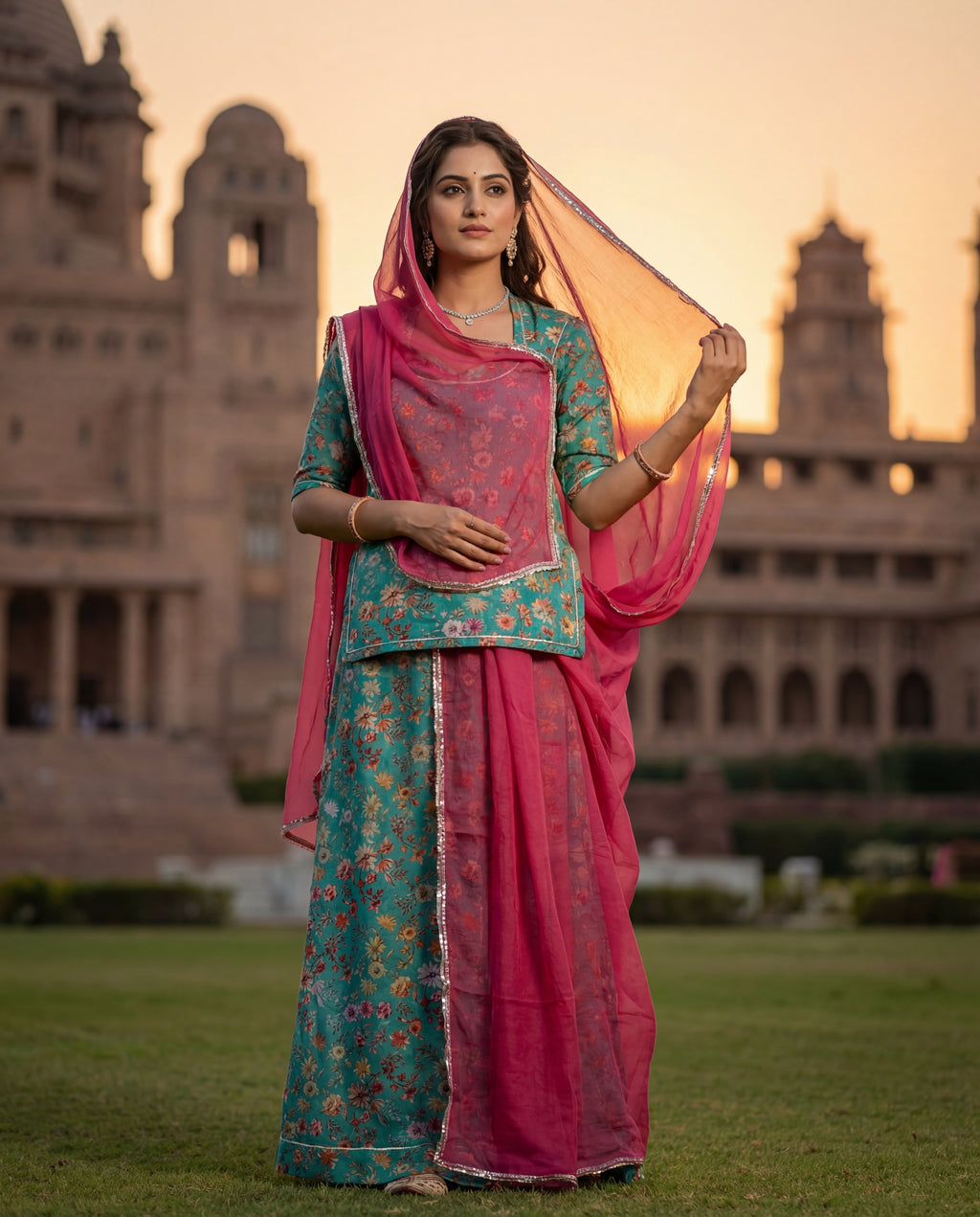 'Morpankhi' - Teal Green Floral Suit Set + Rani Pink Odhani