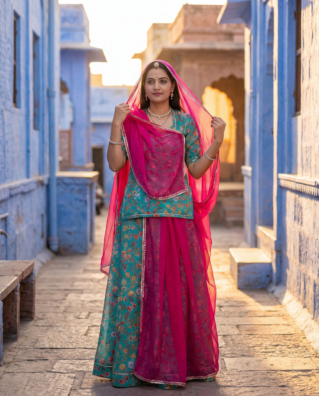 'Morpankhi' - Teal Green Floral Suit Set + Rani Pink Odhani