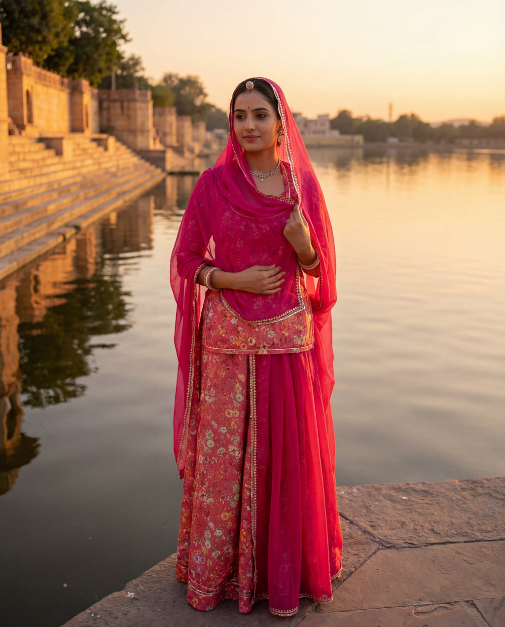 'Gulmohar' - Coral Pink Multi-Floral Rajputi Suit Set + Rani Pink Odhani