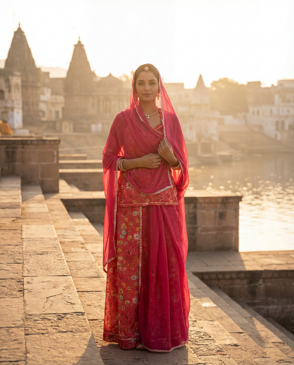 'Gulmohar' - Coral Pink Multi-Floral Rajputi Suit Set + Rani Pink Odhani