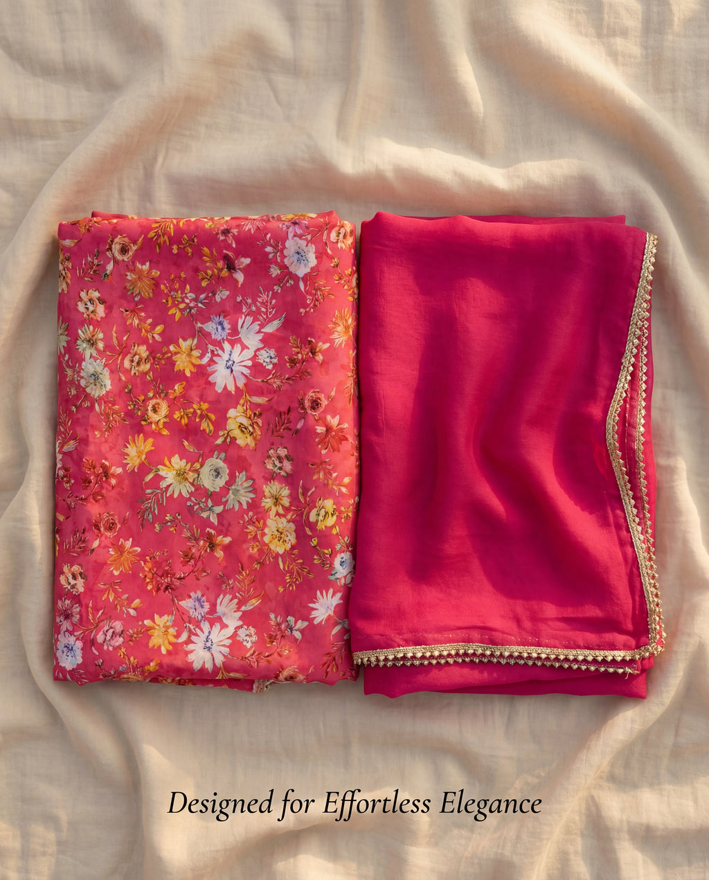 'Gulmohar' - Coral Pink Multi-Floral Rajputi Suit Set + Rani Pink Odhani