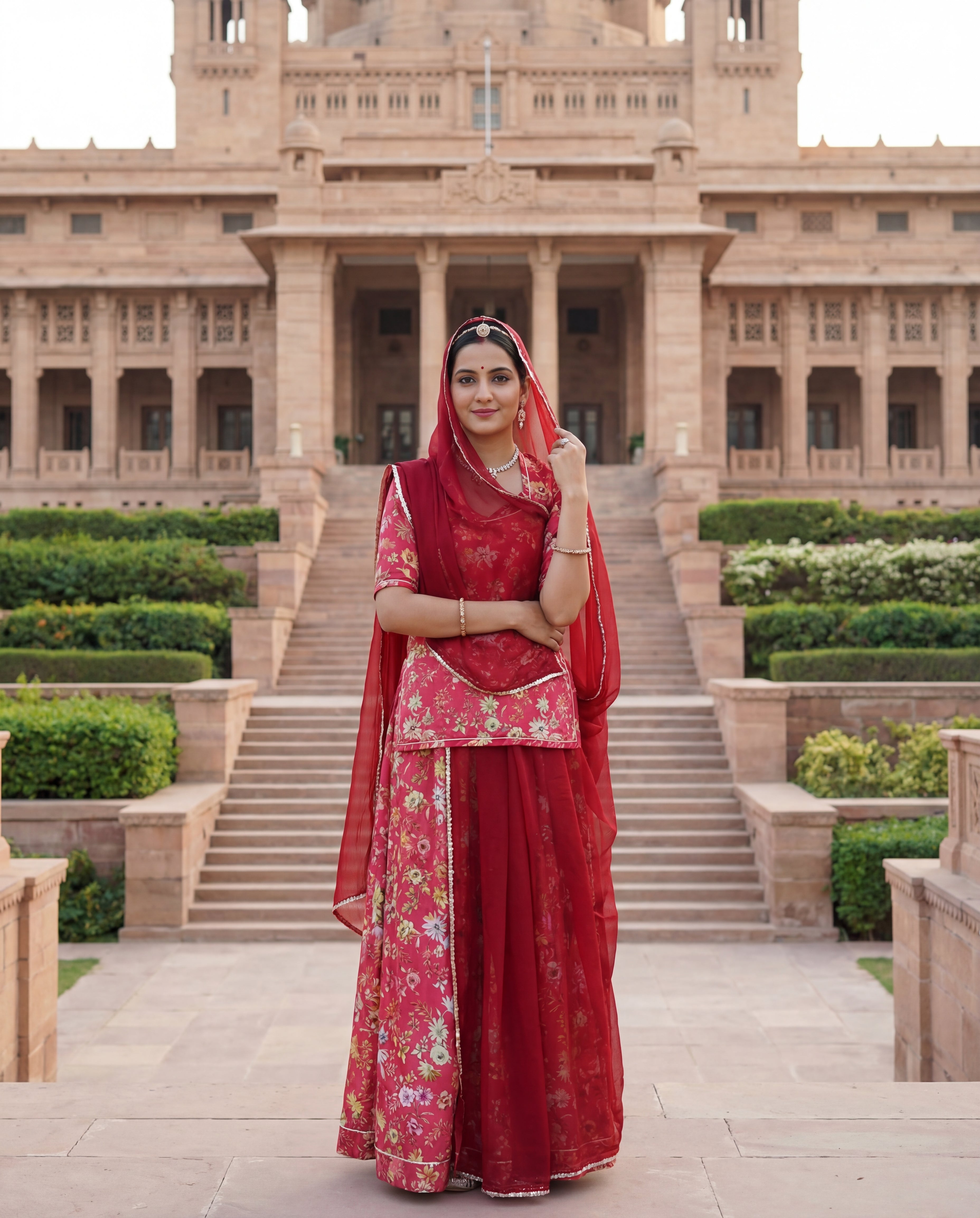'Gulaabo' - Rani Pink Floral Print Rajputi Suit Set + Deep Maroon Odhani