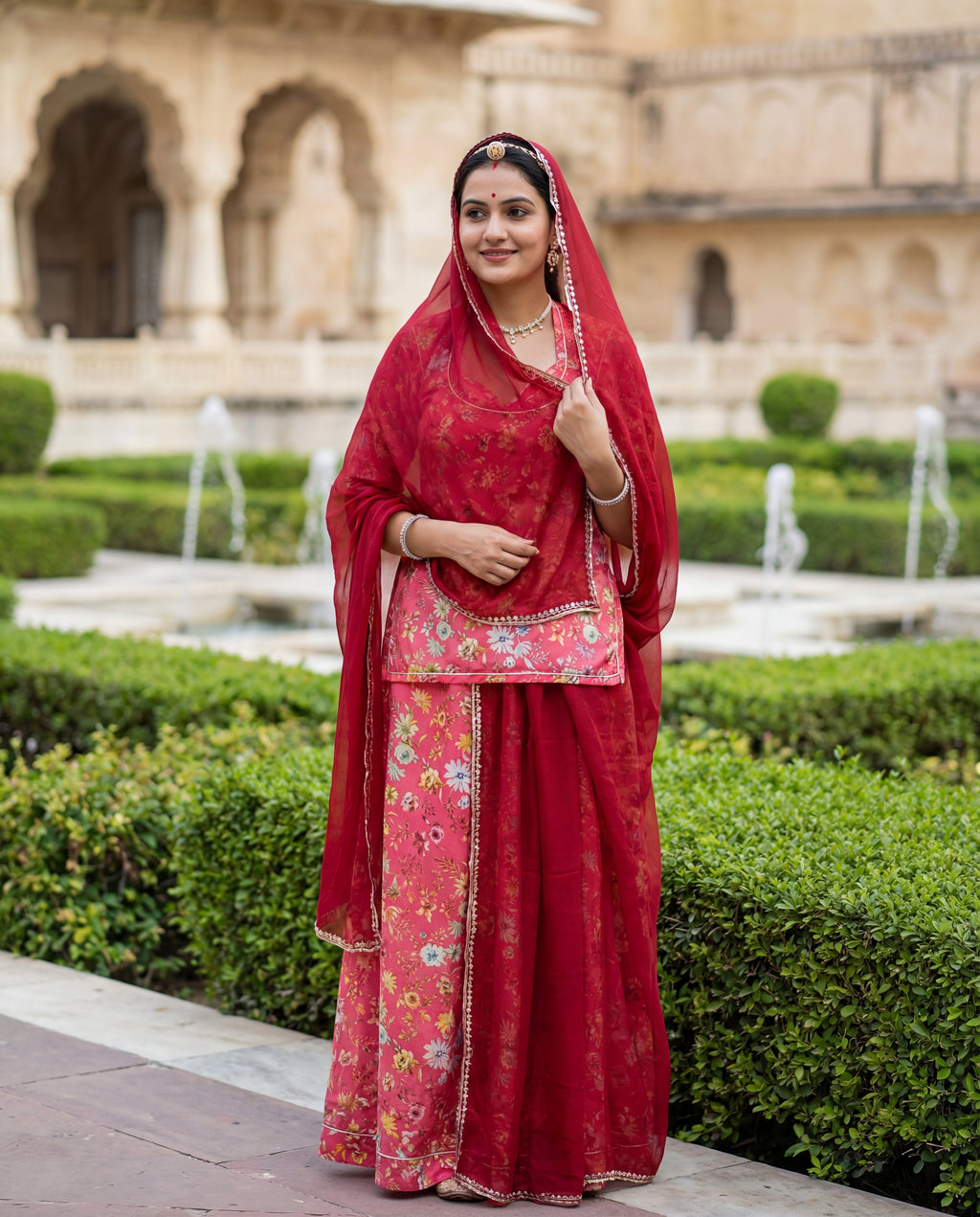 'Gulaabo' - Rani Pink Floral Print Rajputi Suit Set + Deep Maroon Odhani