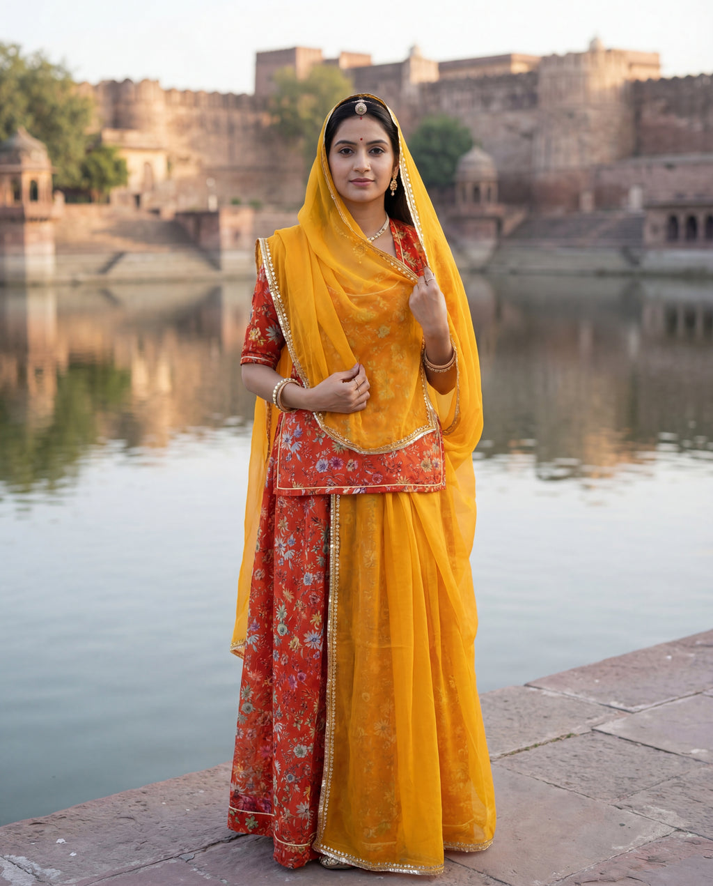 'Kesar Bagh' - Rust Orange Floral Print Suit Set + Mustard Yellow Odhani
