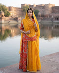 'Kesar Bagh' - Rust Orange Floral Print Suit Set + Mustard Yellow Odhani
