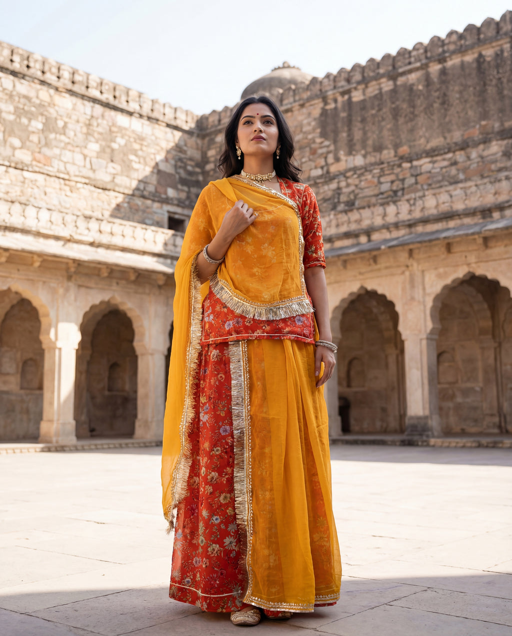 'Kesar Bagh' - Rust Orange Floral Print Suit Set + Mustard Yellow Odhani