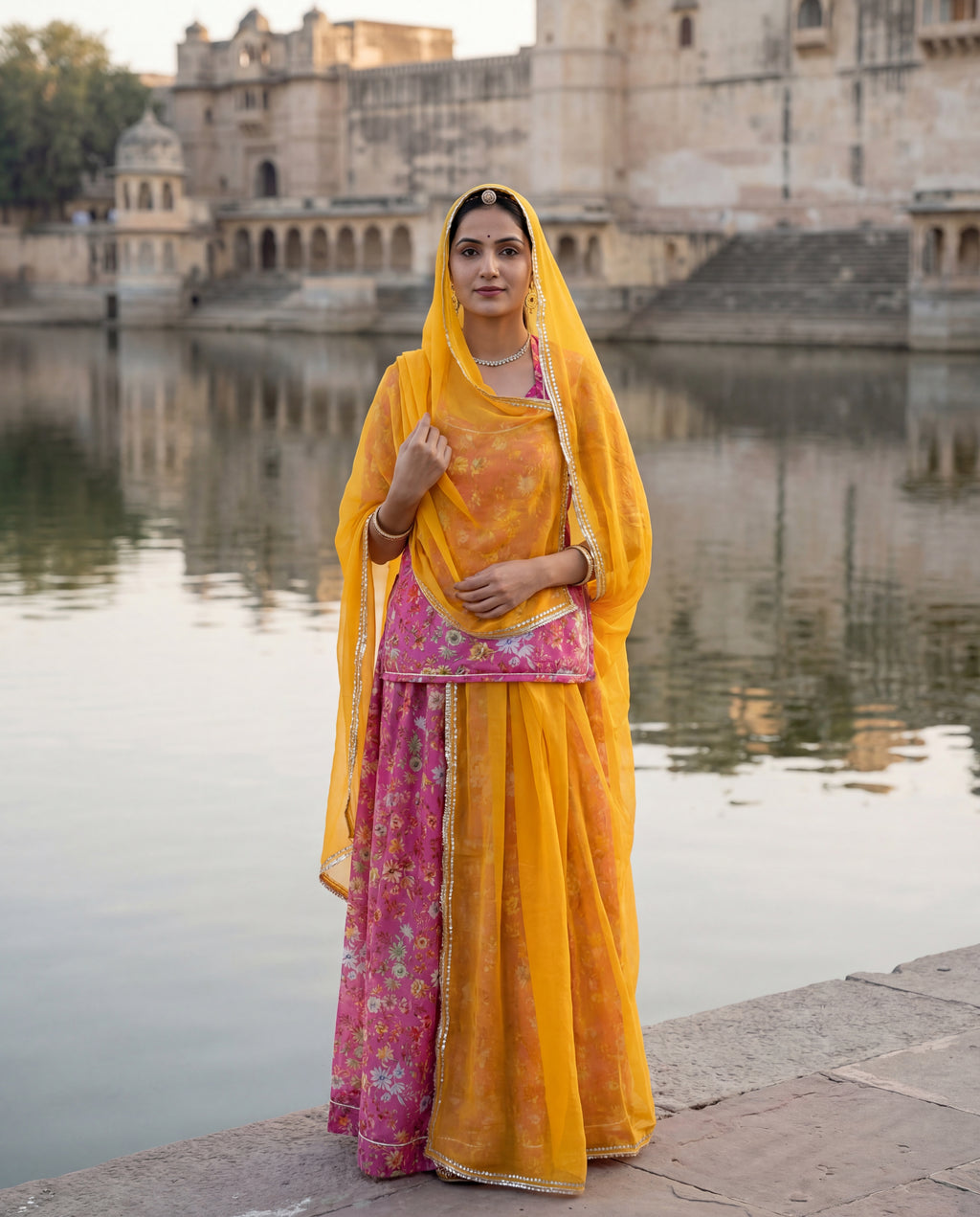 'Gulnaaz' - Rani Pink Floral Rajputi Suit Set + Haldi Yellow Odhani