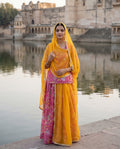 'Gulnaaz' - Rani Pink Floral Rajputi Suit Set + Haldi Yellow Odhani