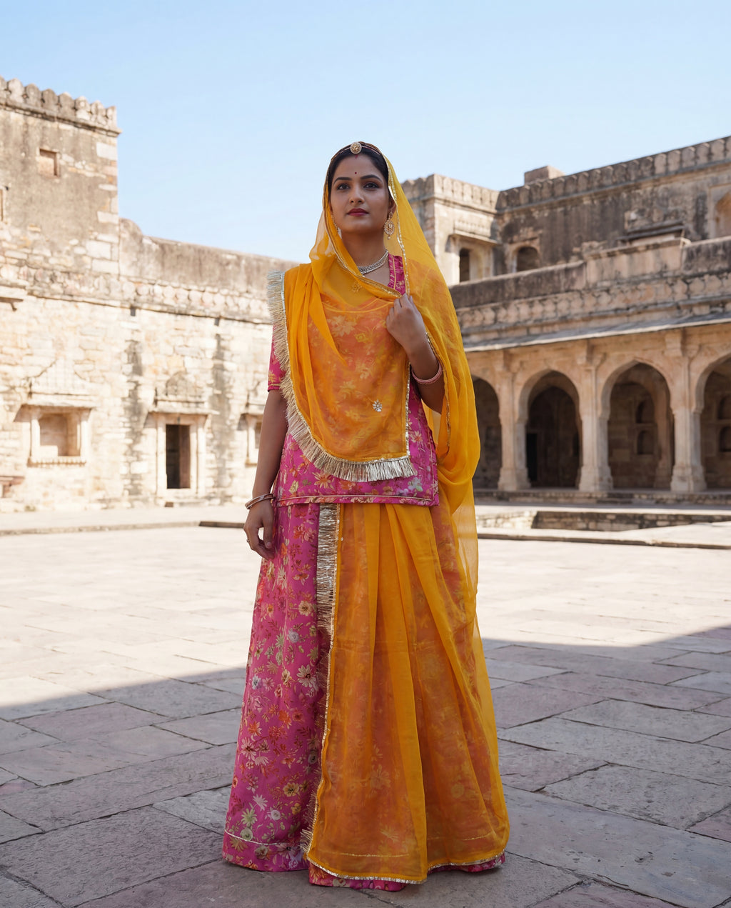 'Gulnaaz' - Rani Pink Floral Rajputi Suit Set + Haldi Yellow Odhani