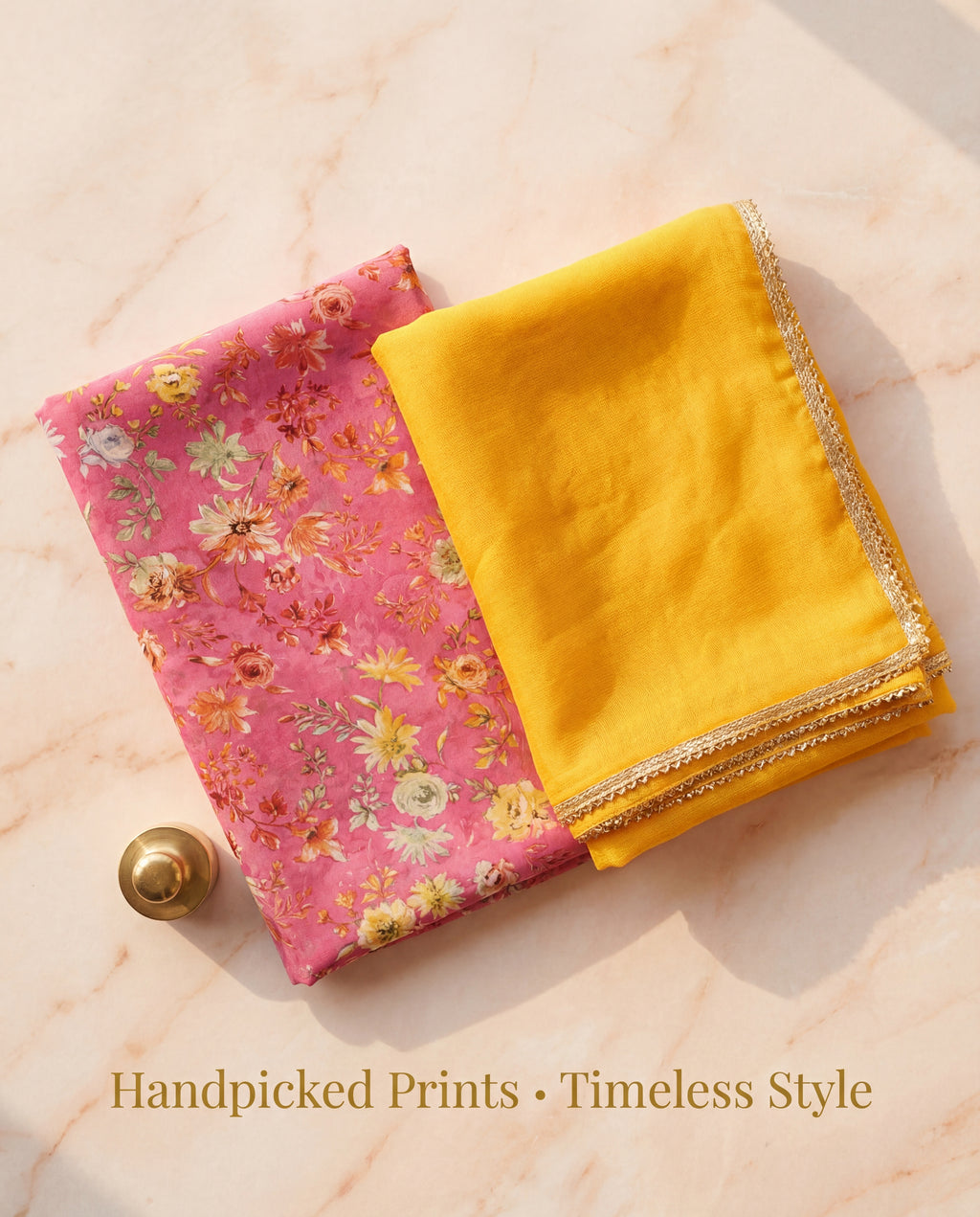 'Gulnaaz' - Rani Pink Floral Rajputi Suit Set + Haldi Yellow Odhani