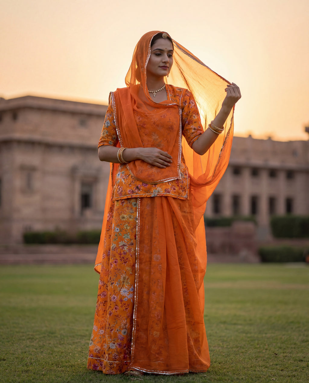 'Kesariya' - Saffron Orange Floral Print Rajputi Suit Set + Matching Silver Border Odhani