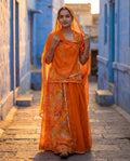 'Kesariya' - Saffron Orange Floral Print Rajputi Suit Set + Matching Silver Border Odhani