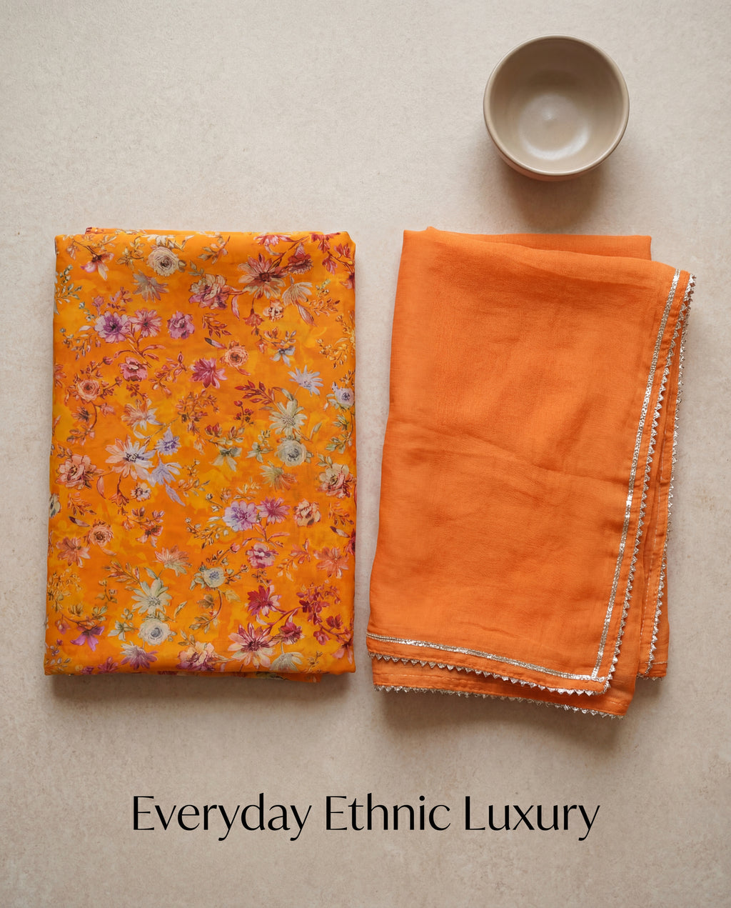 'Kesariya' - Saffron Orange Floral Print Rajputi Suit Set + Matching Silver Border Odhani