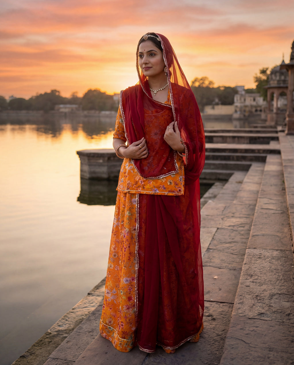 'Kesariya Bagh' - Mustard Yellow Floral Print Rajputi Suit Set + Deep Maroon Odhani