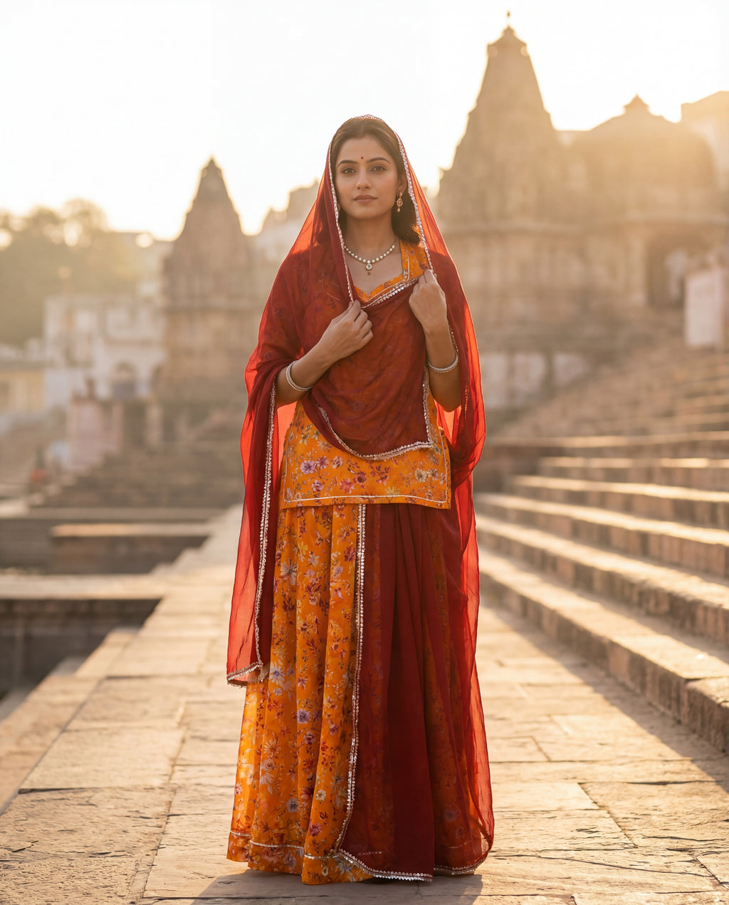 'Kesariya Bagh' - Mustard Yellow Floral Print Rajputi Suit Set + Deep Maroon Odhani