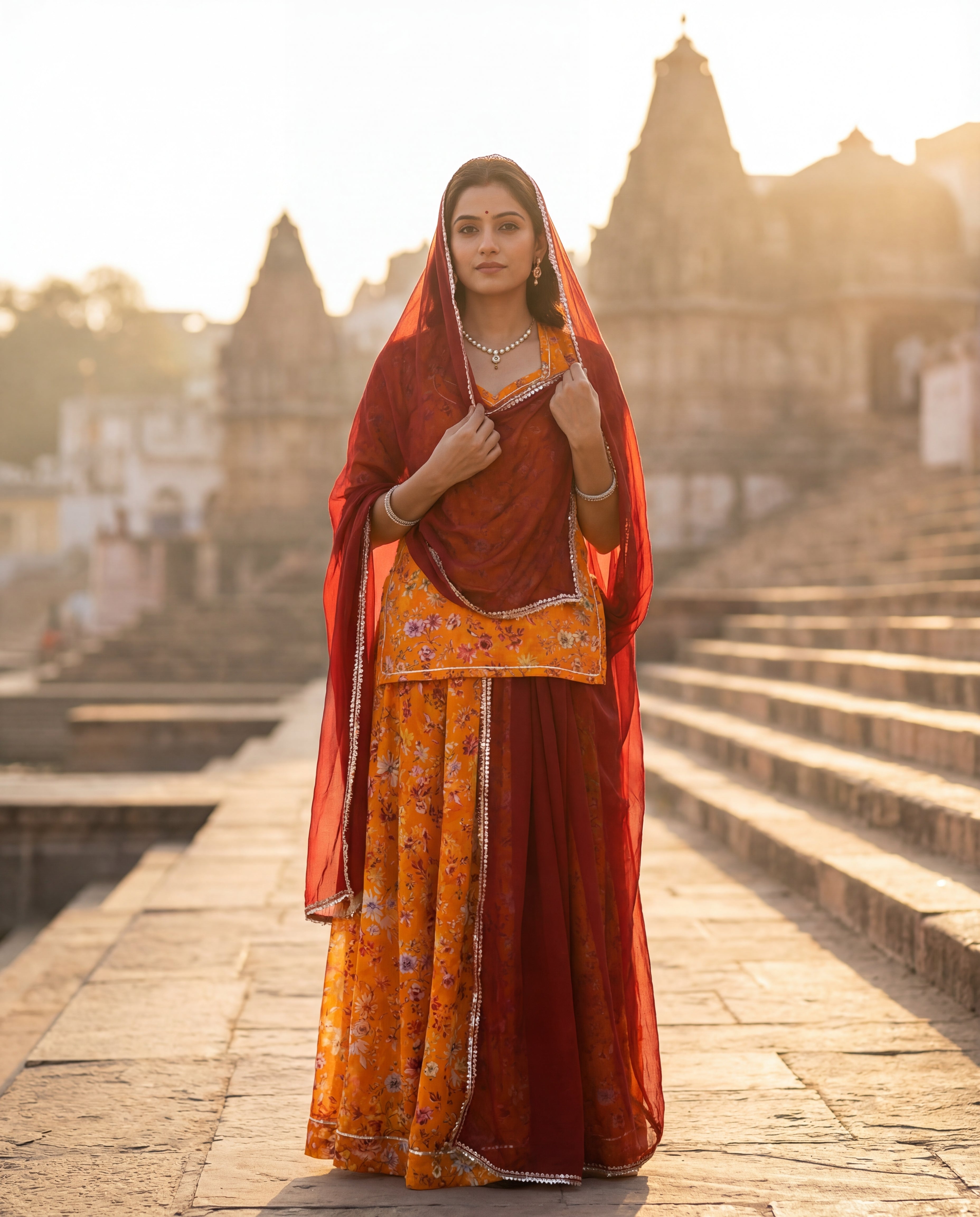 'Kesariya Bagh' - Mustard Yellow Floral Print Rajputi Suit Set + Deep Maroon Odhani