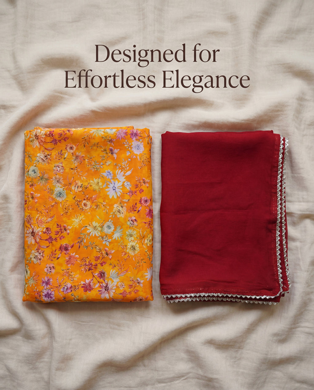 'Kesariya Bagh' - Mustard Yellow Floral Print Rajputi Suit Set + Deep Maroon Odhani