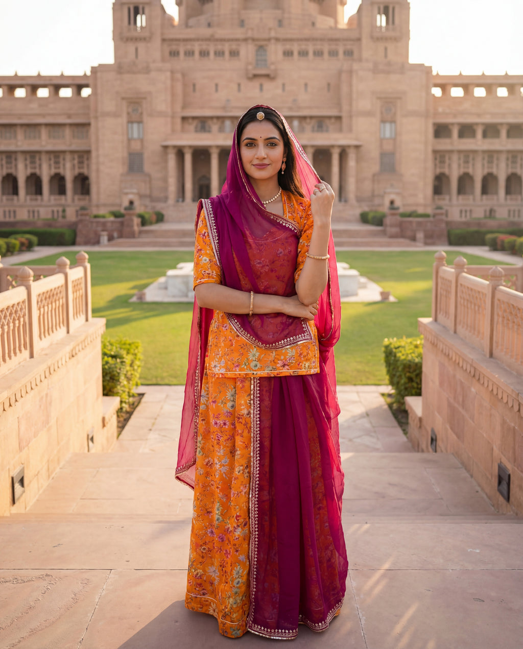 'Kesariya Bagh' - Marigold Orange Floral Print Rajputi Suit Set + Deep Magenta Odhani