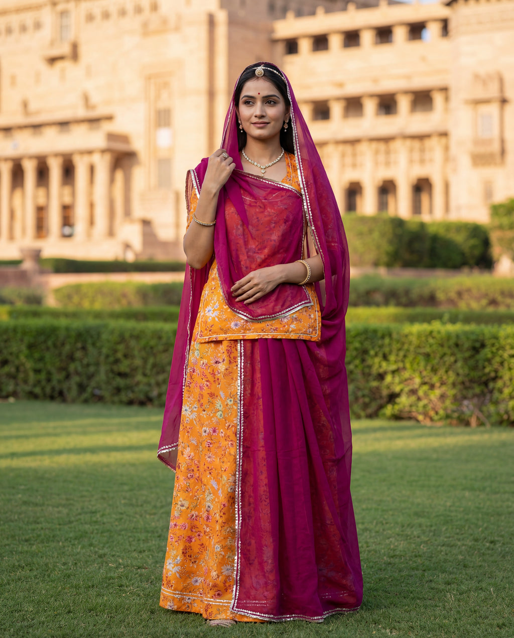 'Kesariya Bagh' - Marigold Orange Floral Print Rajputi Suit Set + Deep Magenta Odhani