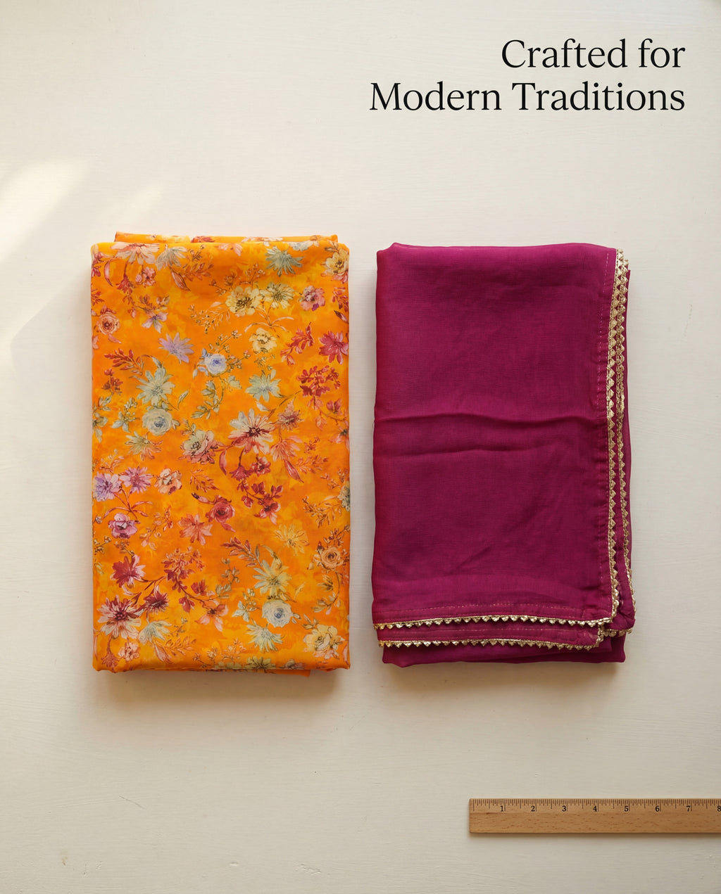 'Kesariya Bagh' - Marigold Orange Floral Print Rajputi Suit Set + Deep Magenta Odhani