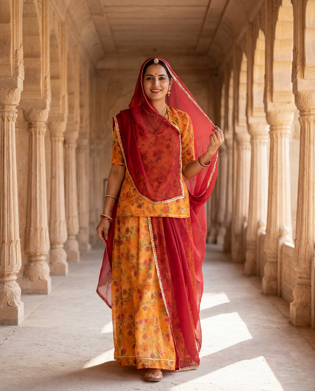 'Kesariya' - Mustard Orange Floral Print Rajputi Suit Set + Deep Maroon Odhani
