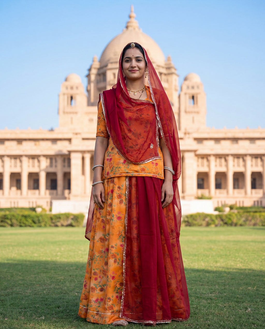 'Kesariya' - Mustard Orange Floral Print Rajputi Suit Set + Deep Maroon Odhani