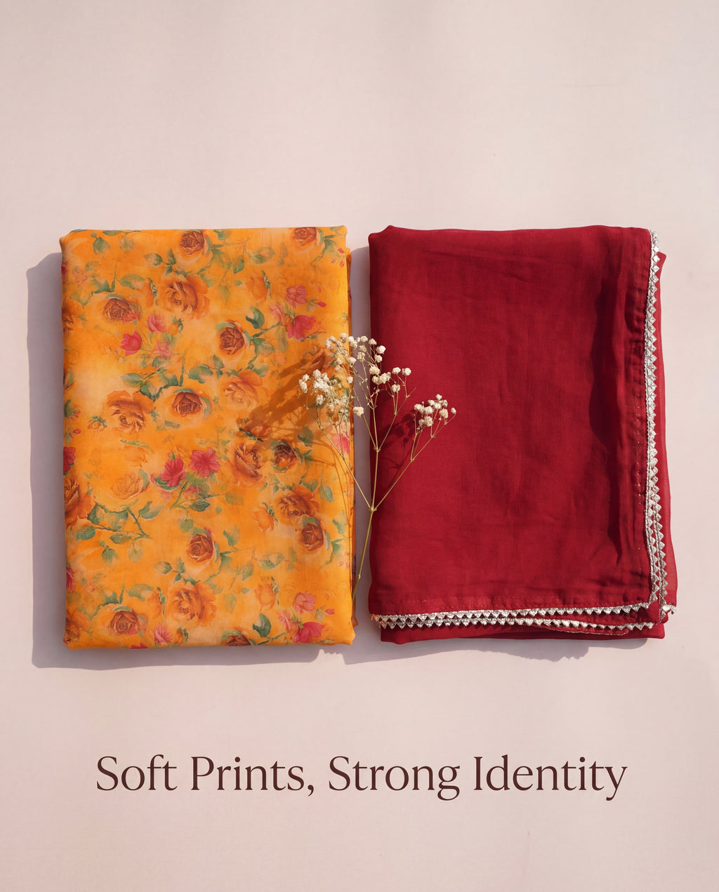 'Kesariya' - Mustard Orange Floral Print Rajputi Suit Set + Deep Maroon Odhani