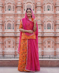 'Kesariya Bagh' - Saffron Orange Floral Rajputi Suit Set + Rani Pink Bordered Odhani