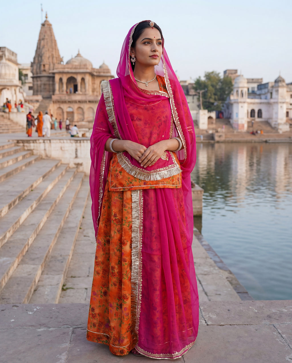 'Kesariya Bagh' - Saffron Orange Floral Rajputi Suit Set + Rani Pink Bordered Odhani