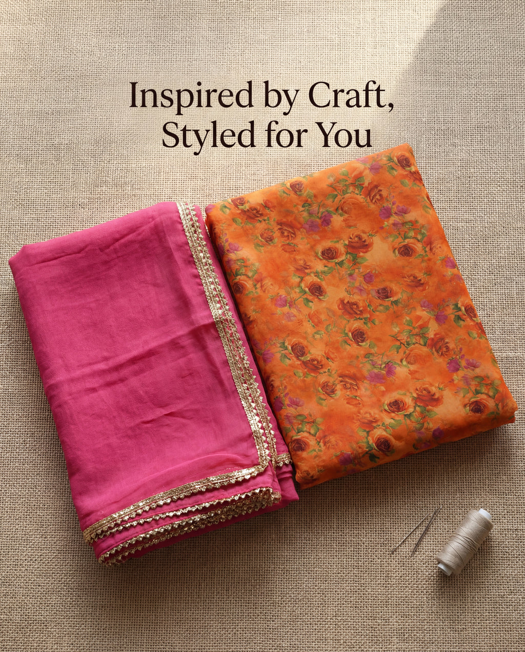 'Kesariya Bagh' - Saffron Orange Floral Rajputi Suit Set + Rani Pink Bordered Odhani