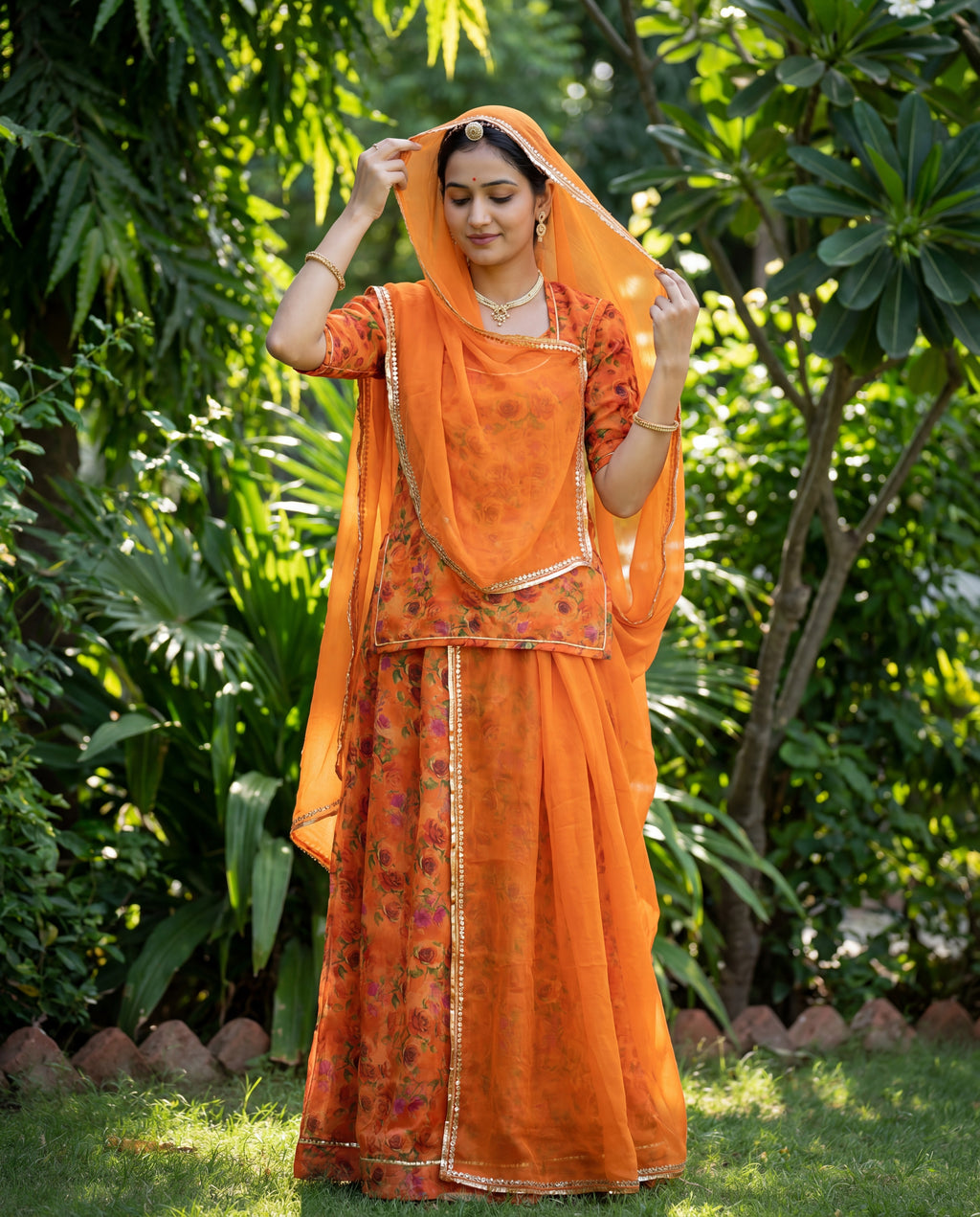 'Kesariya Bagh' - Sunset Orange Floral Print Rajputi Suit Set + Matching Border Odhani