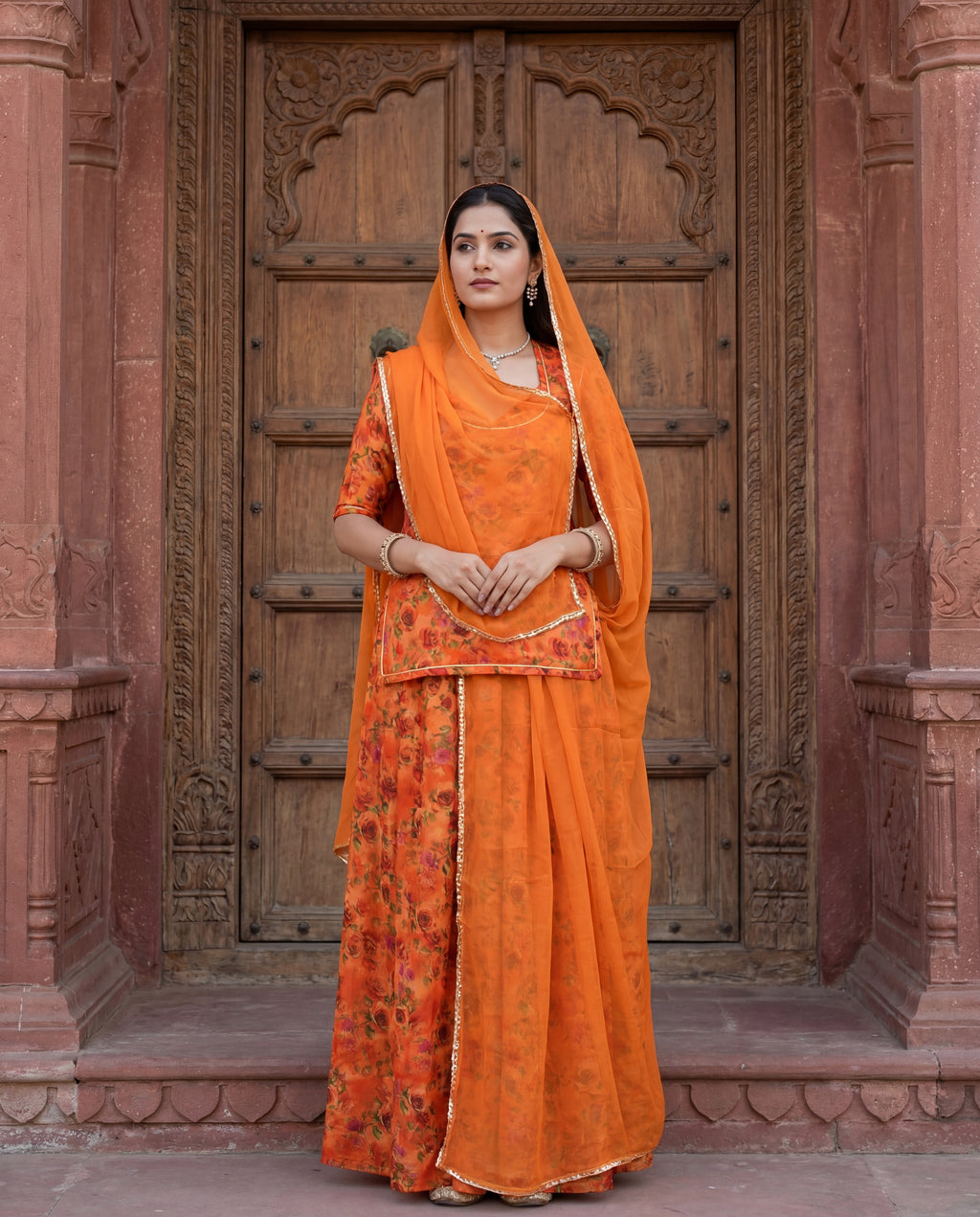 'Kesariya Bagh' - Sunset Orange Floral Print Rajputi Suit Set + Matching Border Odhani
