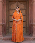 'Kesariya Bagh' - Sunset Orange Floral Print Rajputi Suit Set + Matching Border Odhani