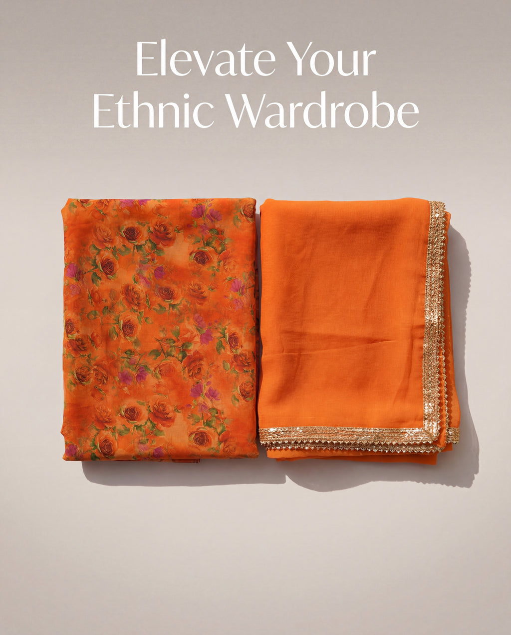 'Kesariya Bagh' - Sunset Orange Floral Print Rajputi Suit Set + Matching Border Odhani