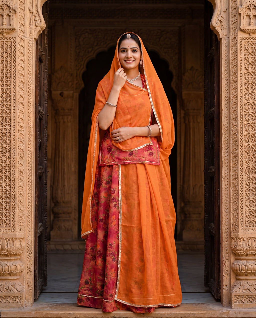 'Kesariya Gulab' - Rust Orange Floral Rajputi Suit Set + Saffron Odhani