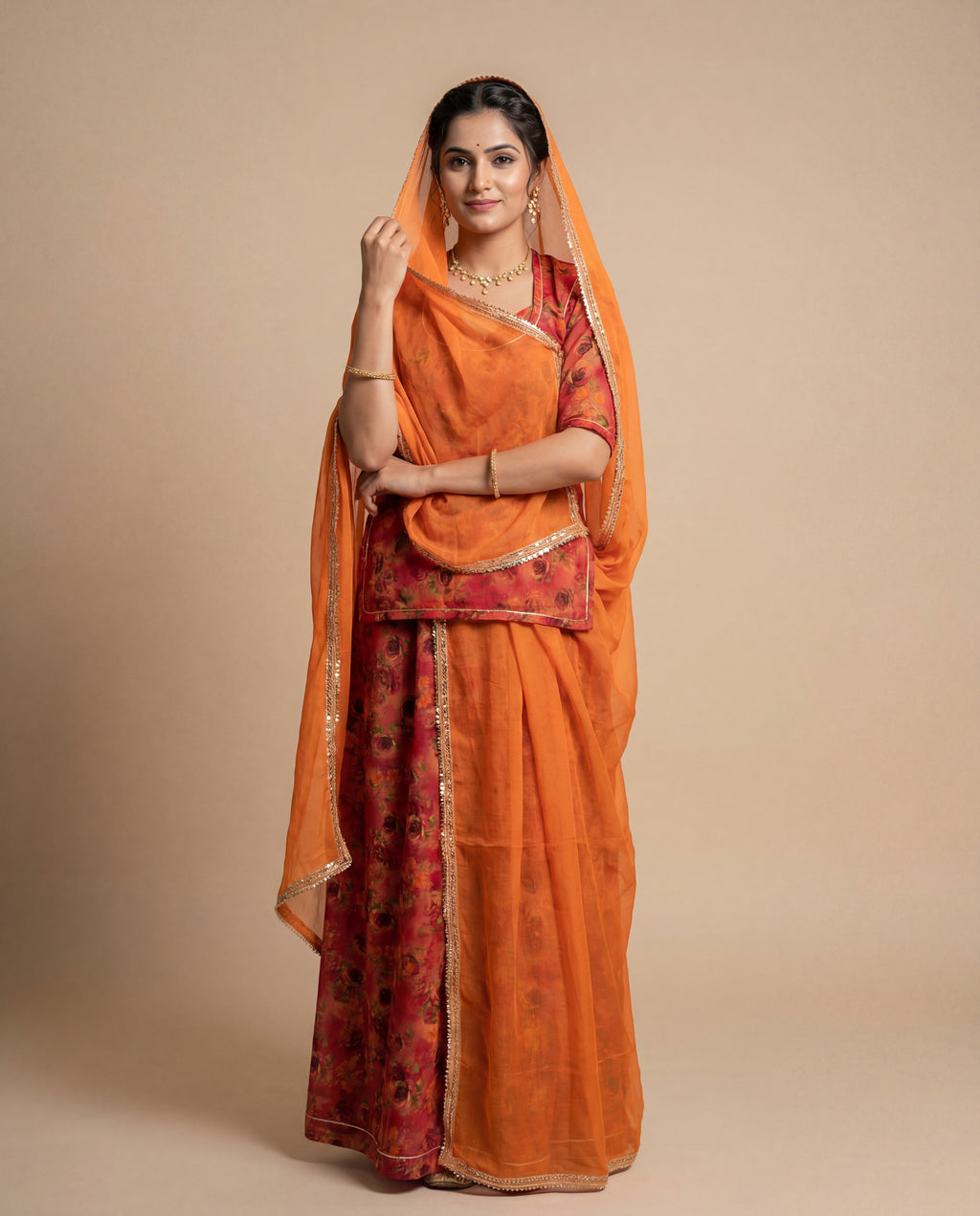 'Kesariya Gulab' - Rust Orange Floral Rajputi Suit Set + Saffron Odhani