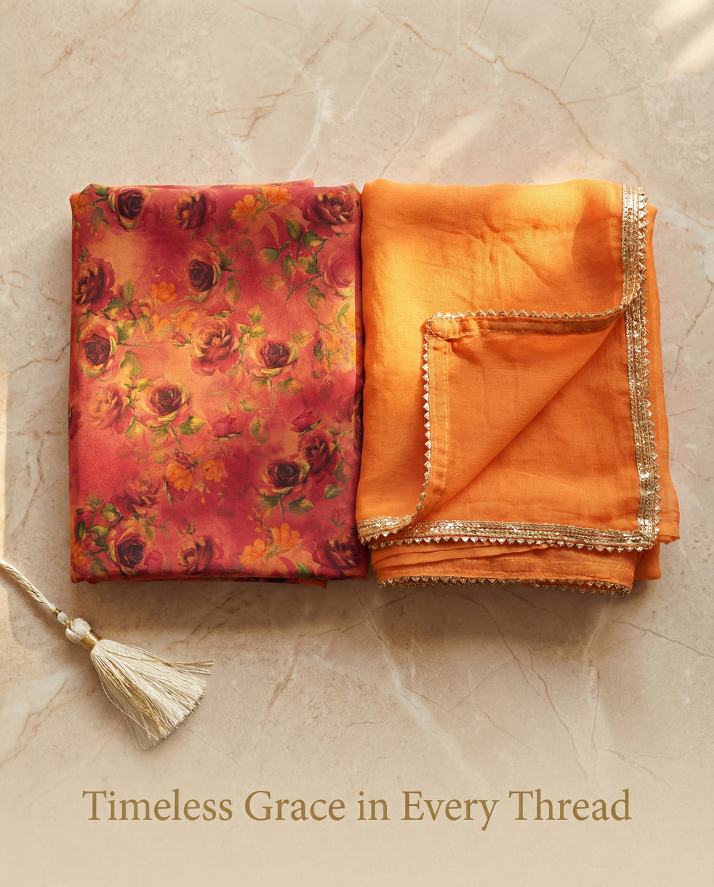 'Kesariya Gulab' - Rust Orange Floral Rajputi Suit Set + Saffron Odhani