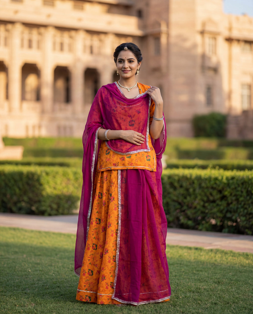 'Kesariya' - Saffron Orange Floral Rajputi Suit Set + Rani Pink Contrast Odhani
