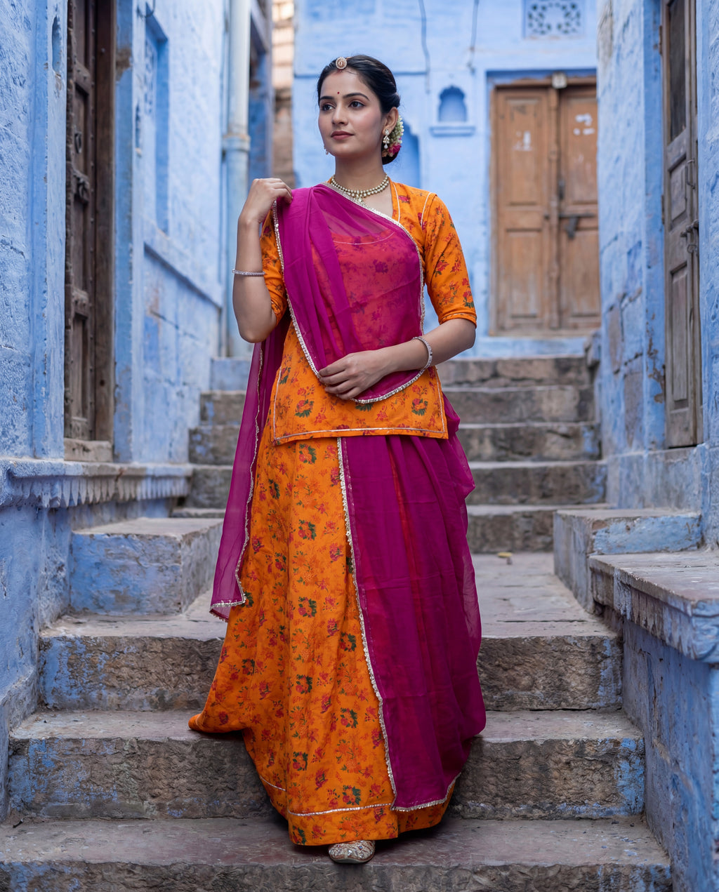 'Kesariya' - Saffron Orange Floral Rajputi Suit Set + Rani Pink Contrast Odhani