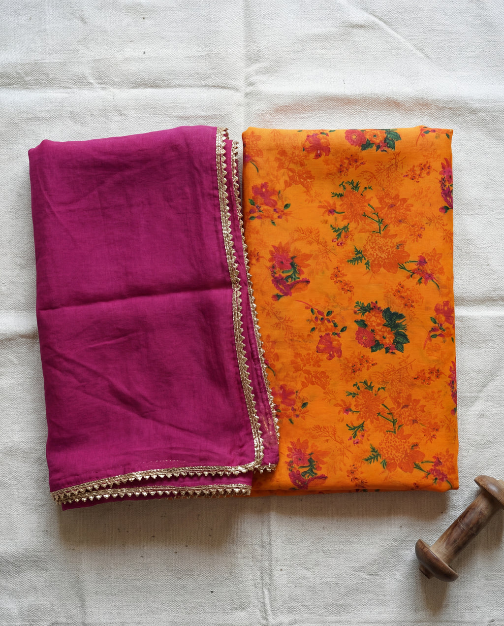 'Kesariya' - Saffron Orange Floral Rajputi Suit Set + Rani Pink Contrast Odhani